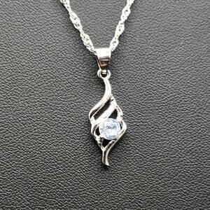 925 Silver Teardrop Swirl CZ Diamond Necklace Valentine's Birthday Vtg Boho Gift